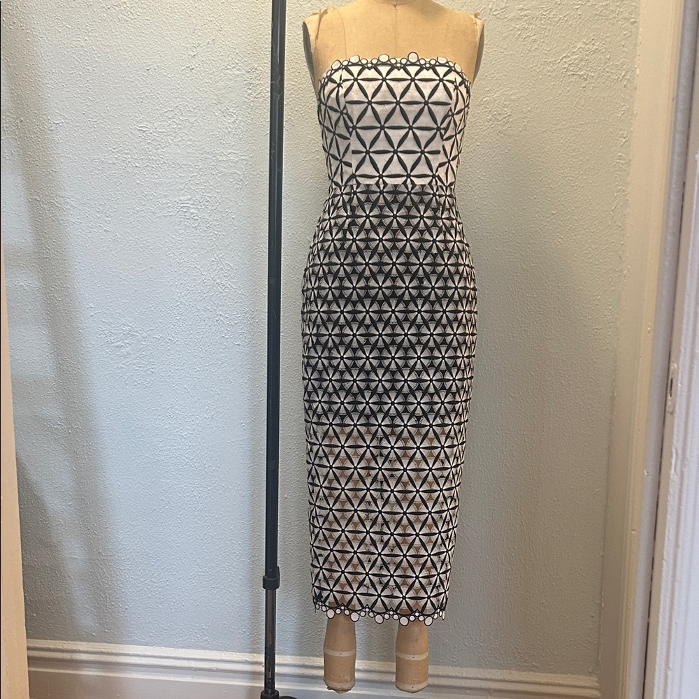 Milly Strapless Black and White Geometric Midi Dress